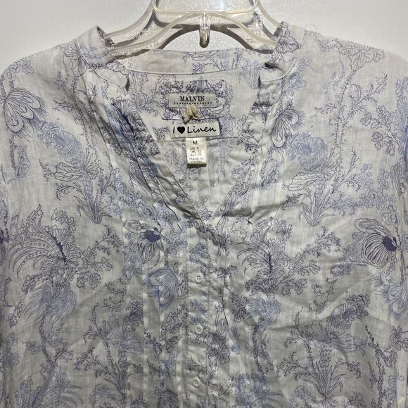 Malvin Women's White Blue Floral Print I Love Linen Button Up Blouse Size 8 - Picture 5 of 12